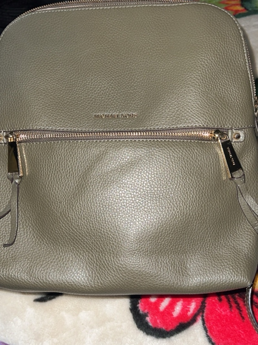 Michael Kors Olive Green Pebbled Leather Backpack with Gold Hardware